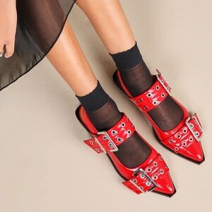 Steve Madden Graya Red Patent Studded Buckle Slingback Flats US 10